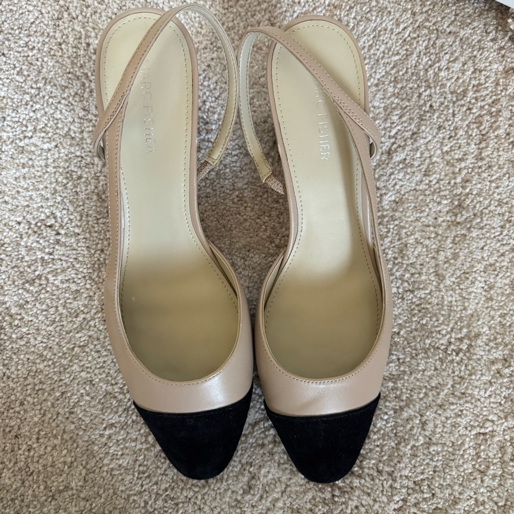 Marc Fisher Beige and Black Slingback Heels Size 9.5